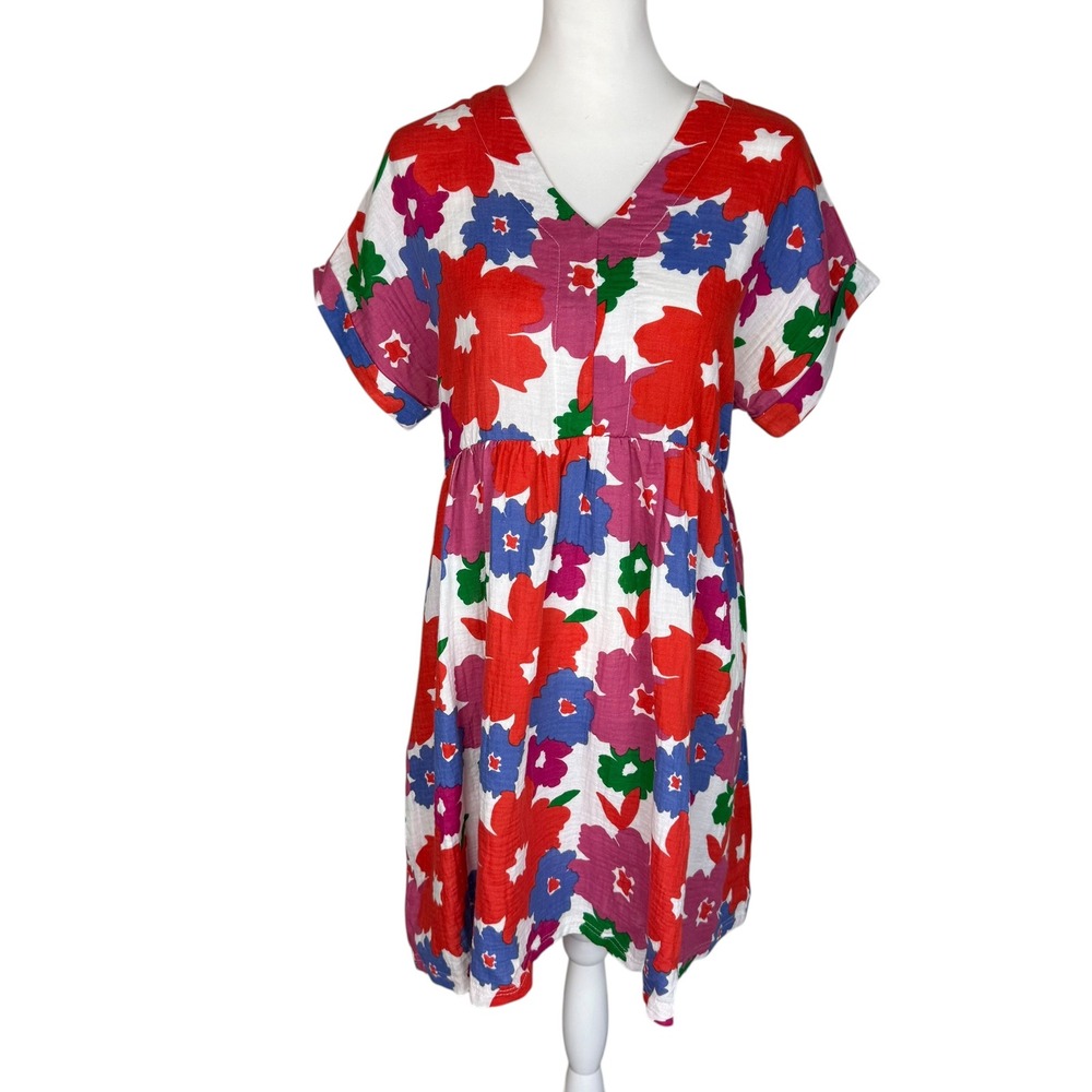Michelle McDowell Womens Floral Cotton Gauze Babydoll Mini Dress Multicolor M